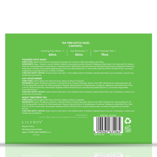 Tea Tree Witch Hazel Skin Care Set – Foaming Face Wash, Day Moisturiser & Night Treatment Gel