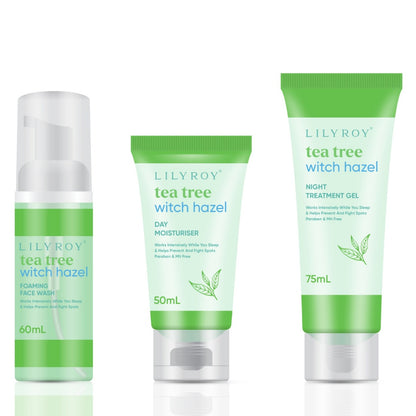 Tea Tree Witch Hazel Skin Care Set – Foaming Face Wash, Day Moisturiser & Night Treatment Gel
