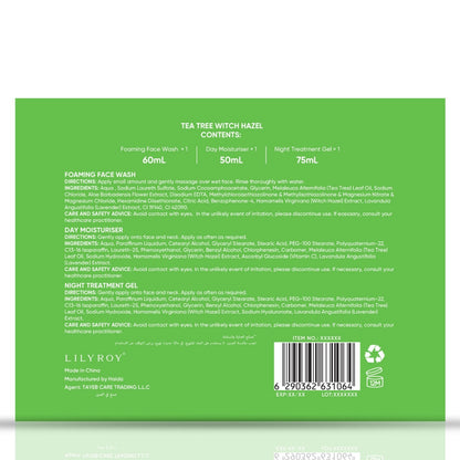 Tea Tree Witch Hazel Skin Care Set – Foaming Face Wash, Day Moisturiser & Night Treatment Gel